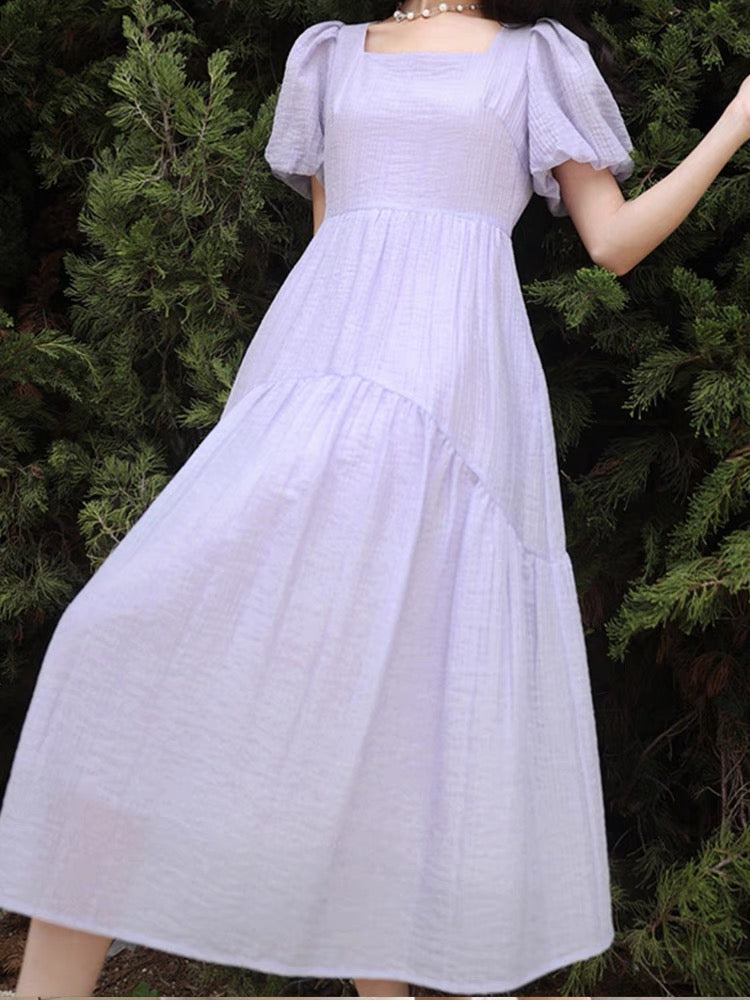 French retro yellow square-neck short-sleeved dress for women, simple puff sleeves, high-end knee-length a-line skirt D754