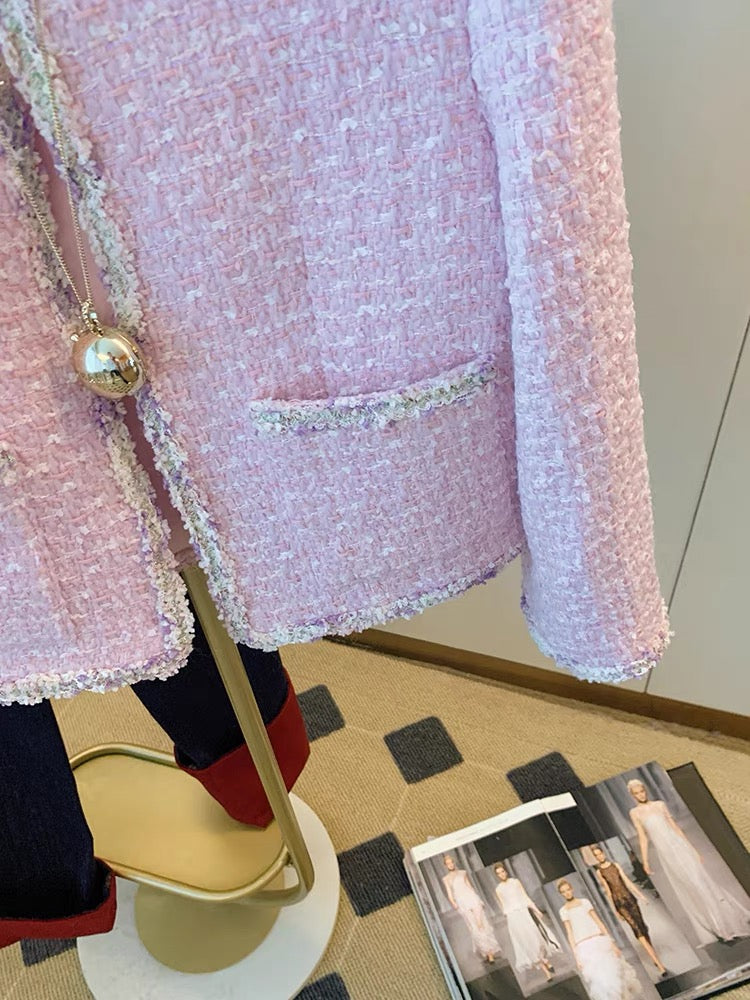 Xiaoxiangfeng pink heavy woven tweed short coat for women 2023 autumn and winter new style lady chic slimming top