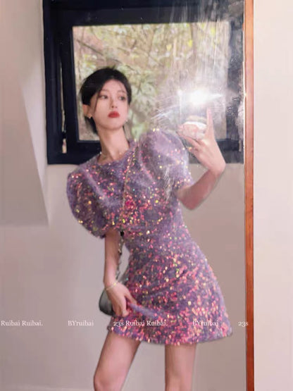 French platycodon Hepburn style bright sparkling puff sleeve dress women's summer light luxury style high-end short skirt
