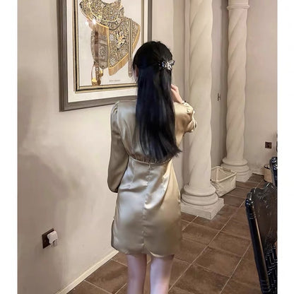 High-end French V-neck long-sleeved satin dress, spring and summer high-end ladylike temperament banquet party dress for women (V8815)