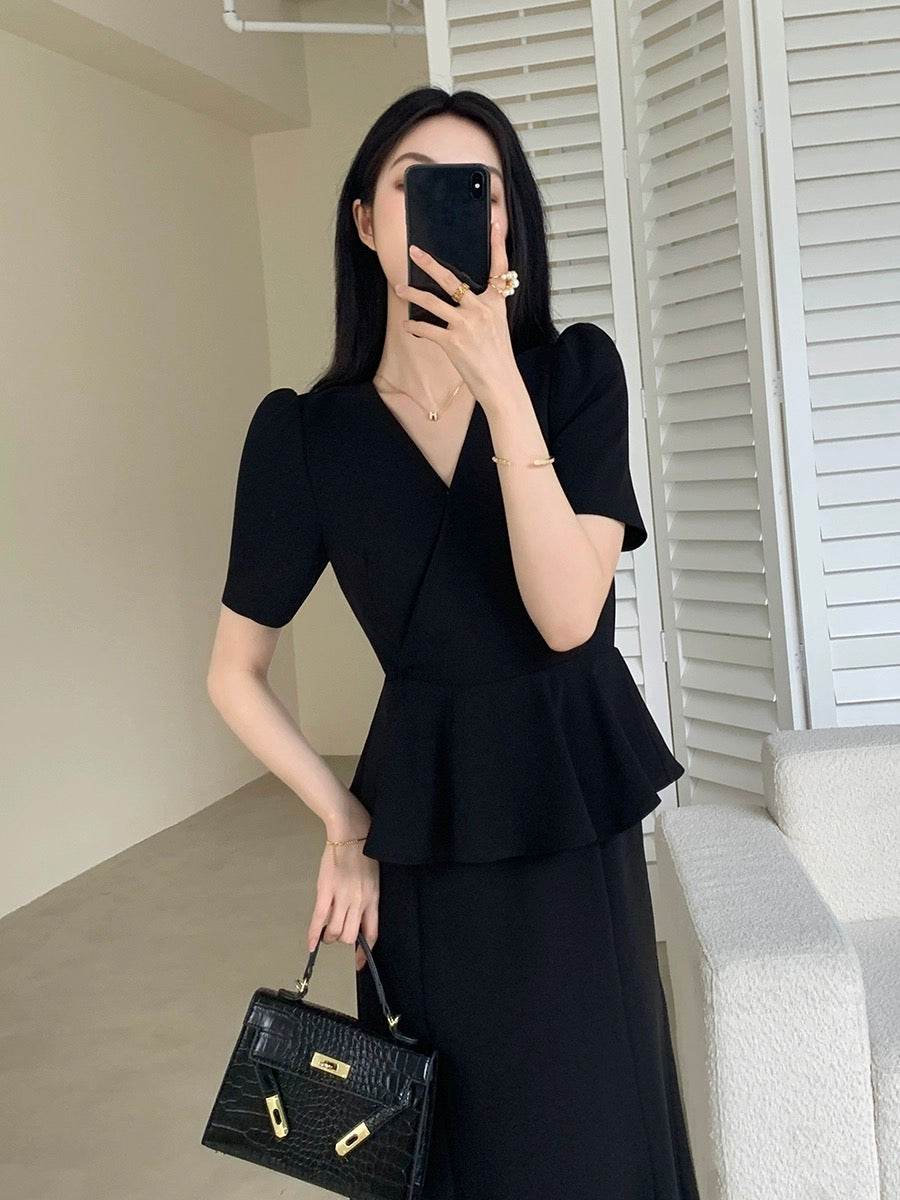 FT GUOGE black dress female 2024 summer new fake two-piece temperament slim V-neck long skirt