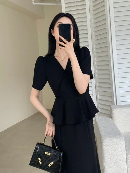 FT GUOGE black dress female 2024 summer new fake two-piece temperament slim V-neck long skirt