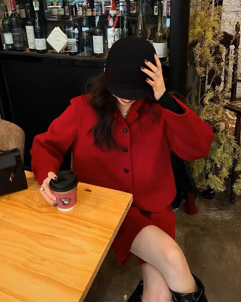 Korean style high-end New Year red blazer spring new casual loose high-waisted straight pants two-piece set for women