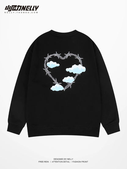 Love letter printed heavyweight sweatshirt autumn and winter trendy brand plus velvet round neck American retro youth jacket for men and women