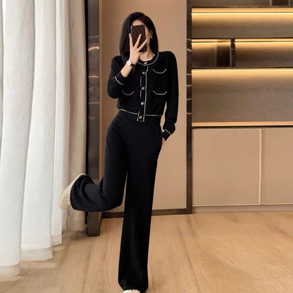 Xiaoxiangfeng Knitted Suit Women's 2023 Autumn and Winter New High-end Celebrity Style Short Jacket Wide-leg Pants Two-piece Set(V6613)