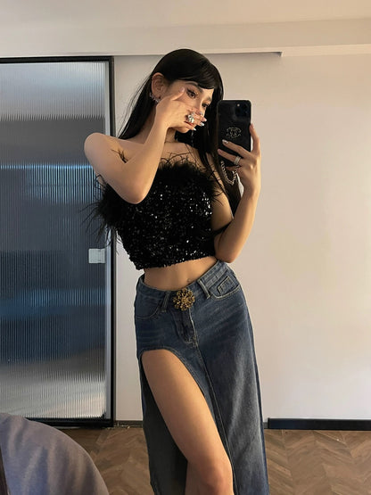 ChiclyNana American denim skirt sexy hot girl retro high waist slim pure desire high slit long skirt