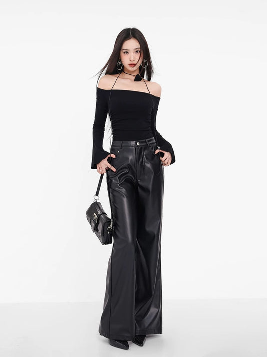 American leather pants for women in spring, autumn and winter, high-waisted, floor-length, slim, loose, street hottie straight wide-leg casual trousers