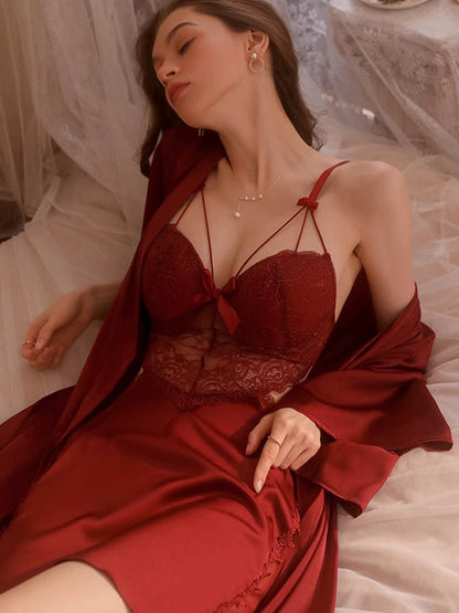 Pajamas, feminine and high-end, summer ice silk lace backless straps, breast pads, nightgown, long-sleeved two-piece set, thin style