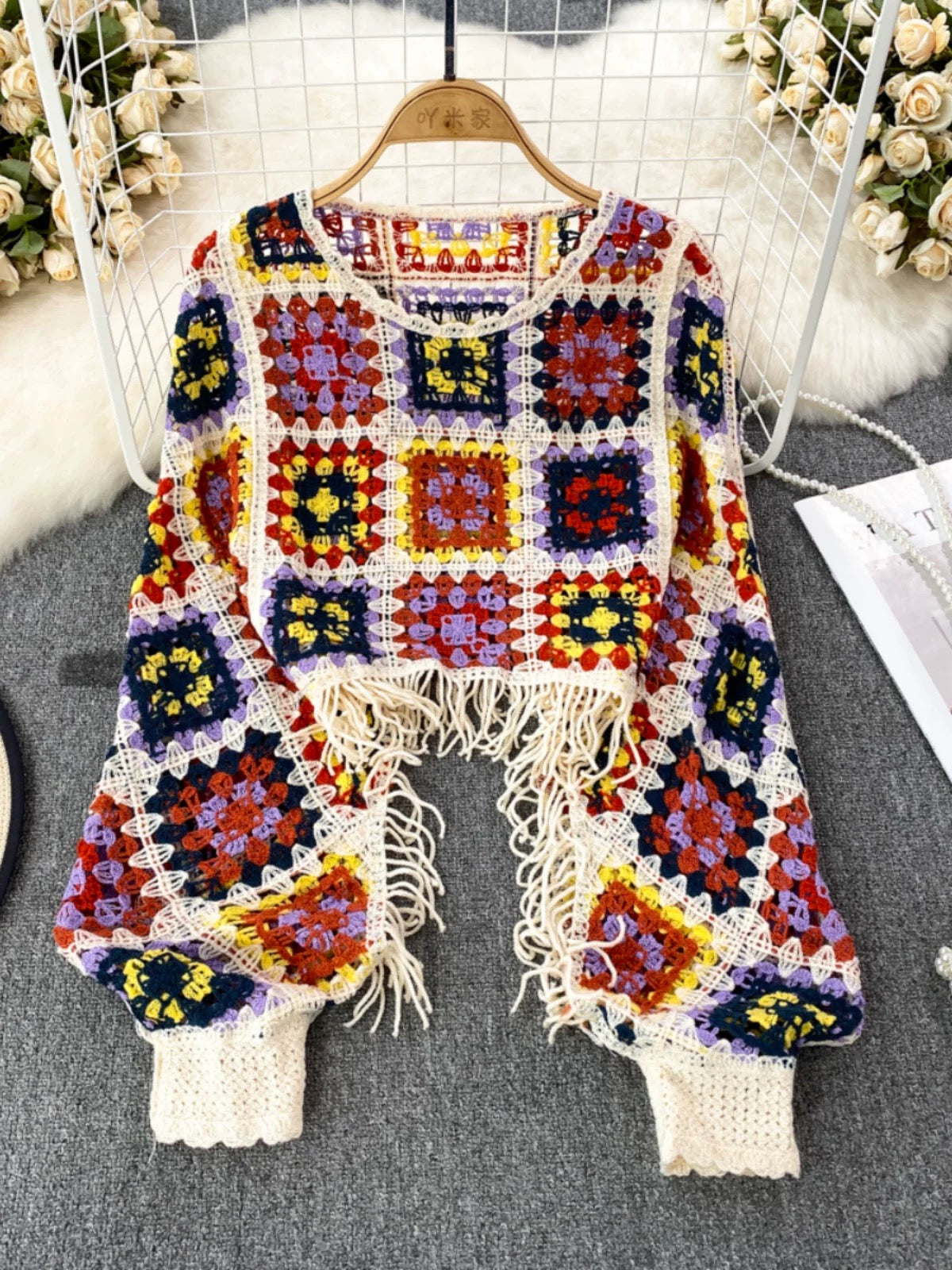 Fashion Lantern Long Sleeve Round Neck Contrast Color Hollow Tassel Short Knit Cardigan Cardigan Women's Casual Seaside Vacation Top