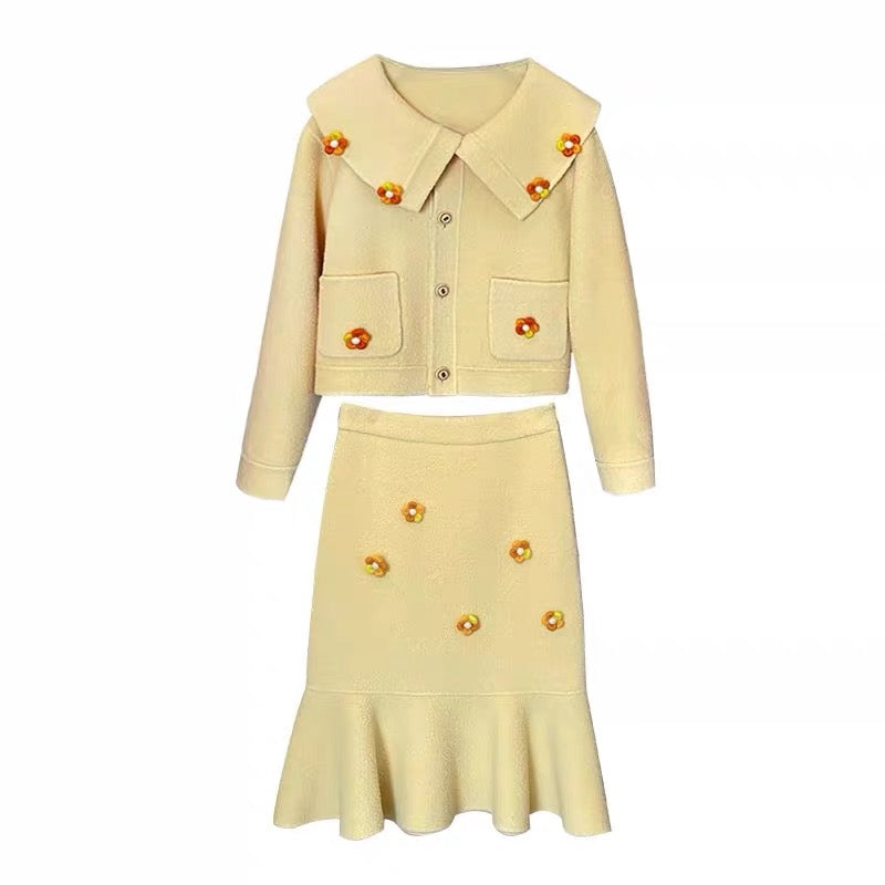 Cream woolen coat, cashmere double-sided woolen suit, fishtail skirt suit, light luxury dress, women's autumn and winter clothing