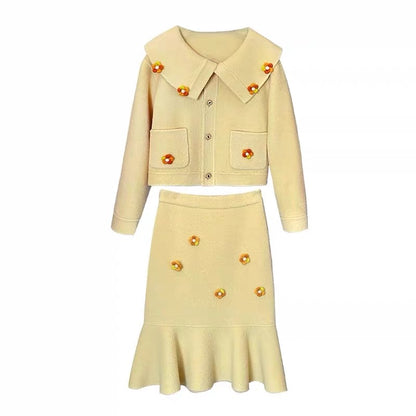 Cream woolen coat, cashmere double-sided woolen suit, fishtail skirt suit, light luxury dress, women's autumn and winter clothing