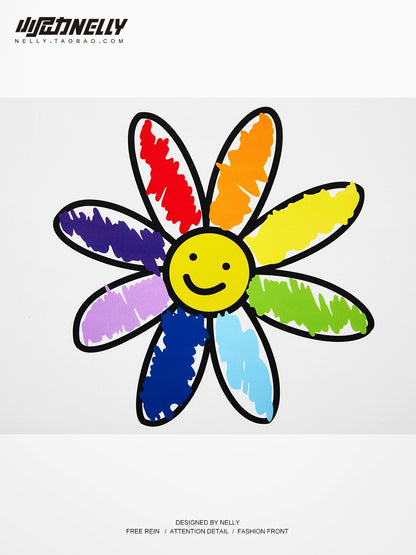 Summer new rainbow smiley sun print short-sleeved T-shirt for men and women 2024 loose couple trendy super hot T-shirt