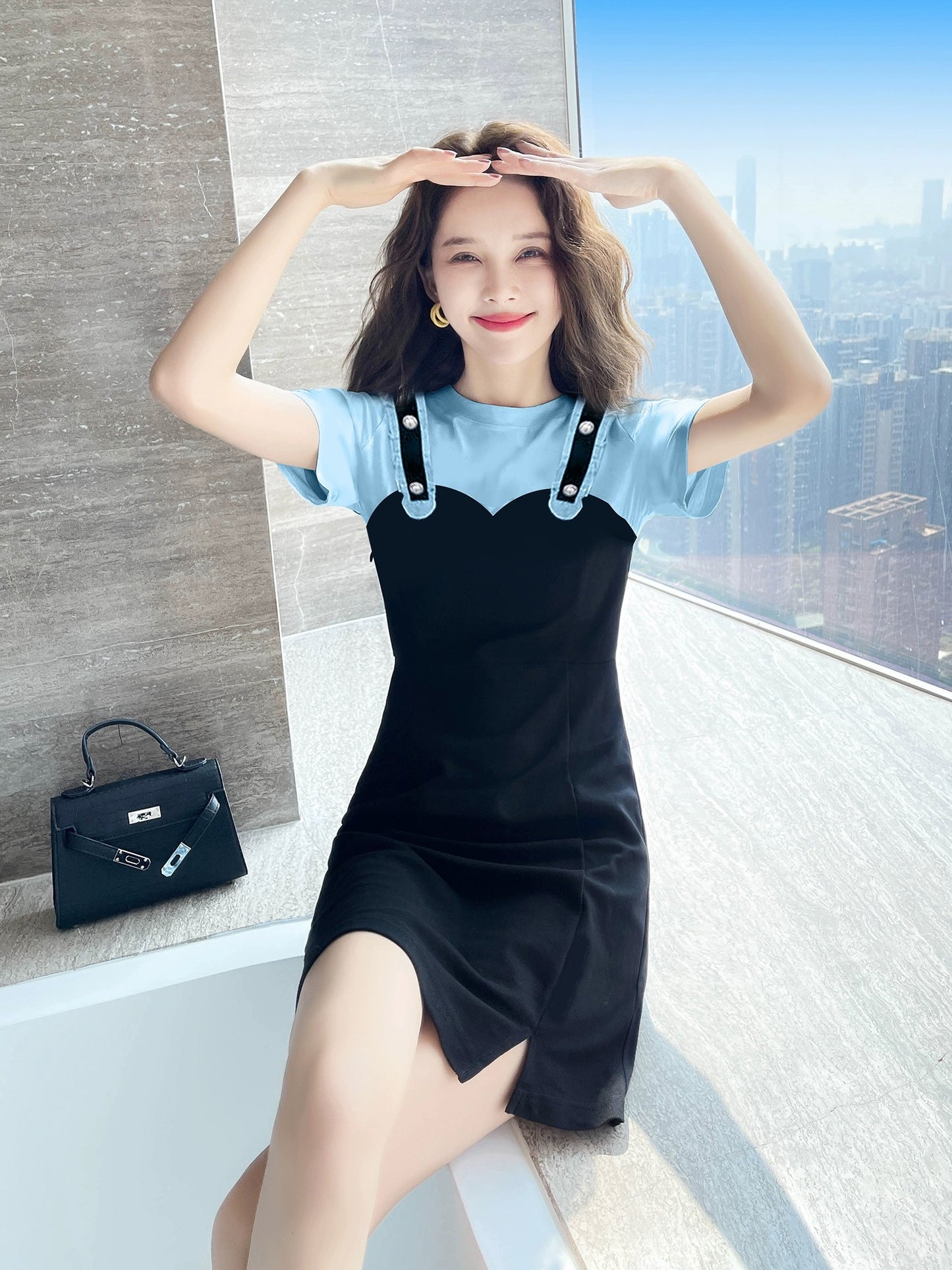 Blue casual petite dress summer women's clothing 2024 new fake two-piece temperament slim skirt female summer
