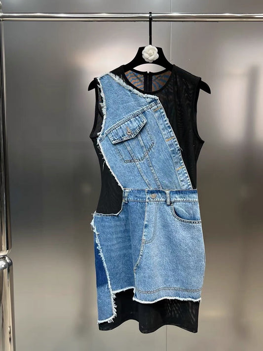 Grapefruit MM 2023 autumn round neck sleeveless see-through yarn denim splicing receiver waist slim sweet cool wind dress tide