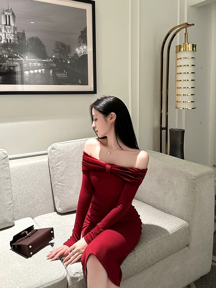 For Fay Christmas limited edition/red velvet stitching one-shoulder knitted elastic sexy hip-hugging slim dress