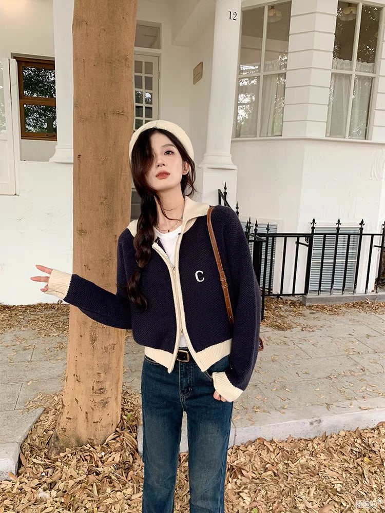 Yang Paopao is very Korean and has a sense of atmosphere ~ chest C contrast collar sweater jacket for women autumn new knitted cardigan