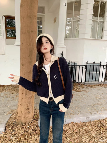 Yang Paopao is very Korean and has a sense of atmosphere ~ chest C contrast collar sweater jacket for women autumn new knitted cardigan