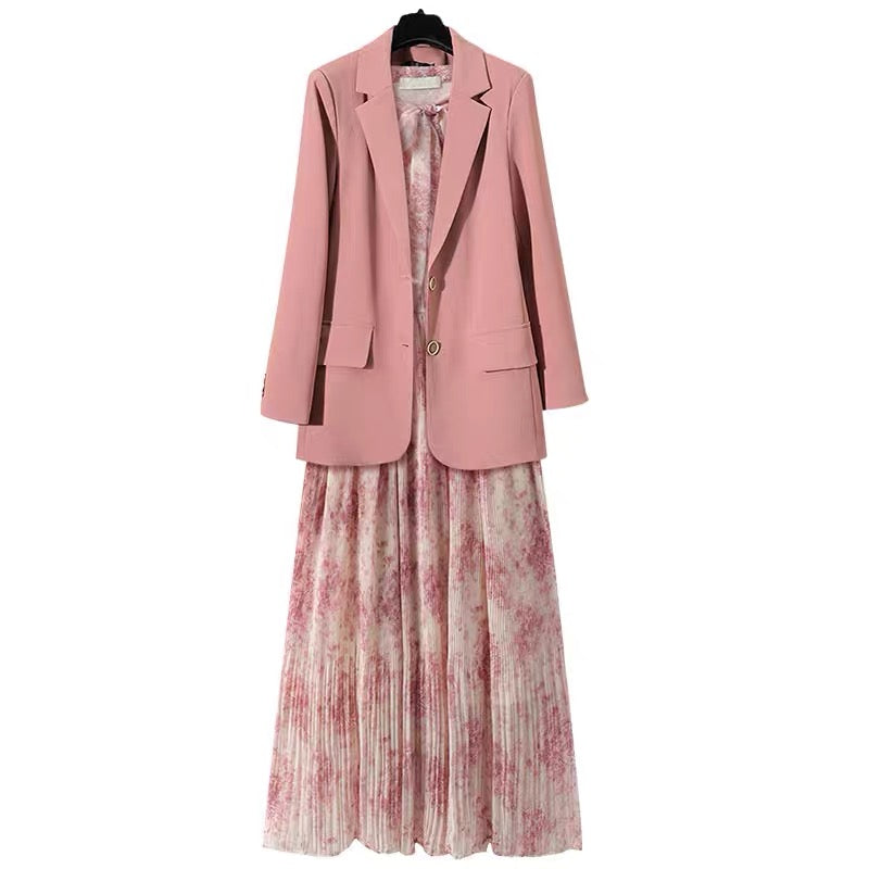Light mature style blazer women's loose 2023 spring and autumn new chiffon floral dress suit two-piece suit (S0345)