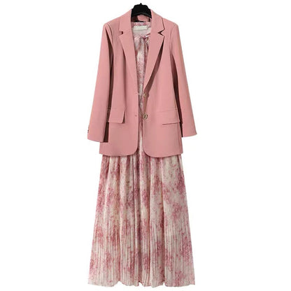 Light mature style blazer women's loose 2023 spring and autumn new chiffon floral dress suit two-piece suit (S0345)