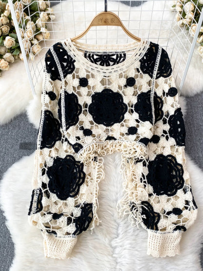 Retro Temperament Round Neck Pullover Hook Flower Hollow Tassel Long Sleeve Knit Cardigan Cardigan Women's Casual Seaside Vacation Top