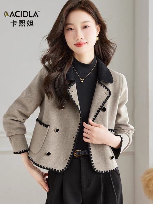 Double-sided cashmere jacket women's short 2023 autumn and winter new fashion brand color-blocked lace woolen suit