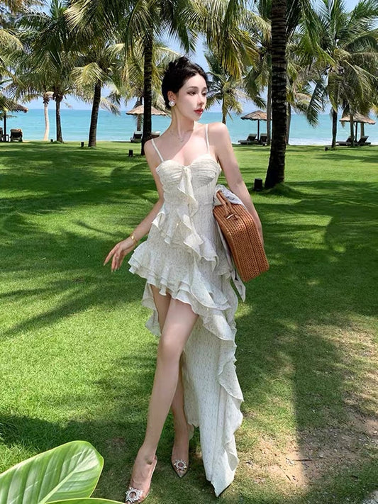Beautiful irregular ruffles sexy floral sling dress female summer seaside vacation waist long skirt fairy air