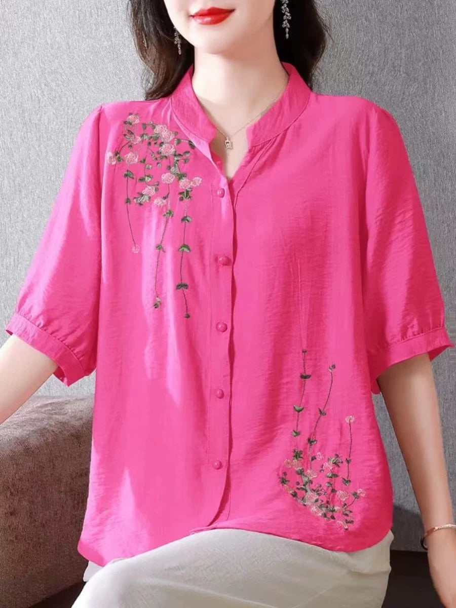 Summer mid-sleeve cotton and linen tops for women 2024 new Chinese style embroidered ladies shirts moms loose linen shirts