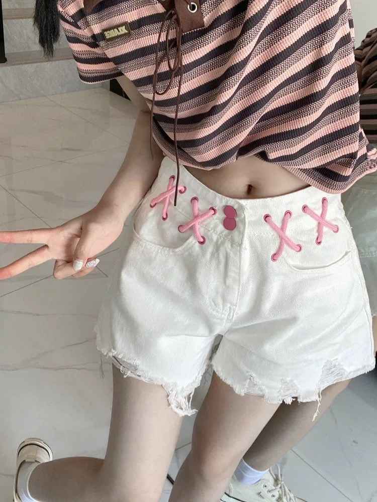 American hot girl style jeans for women in summer for small people, raw edge drawstring shorts, high waist slimming hot pants, straight pants