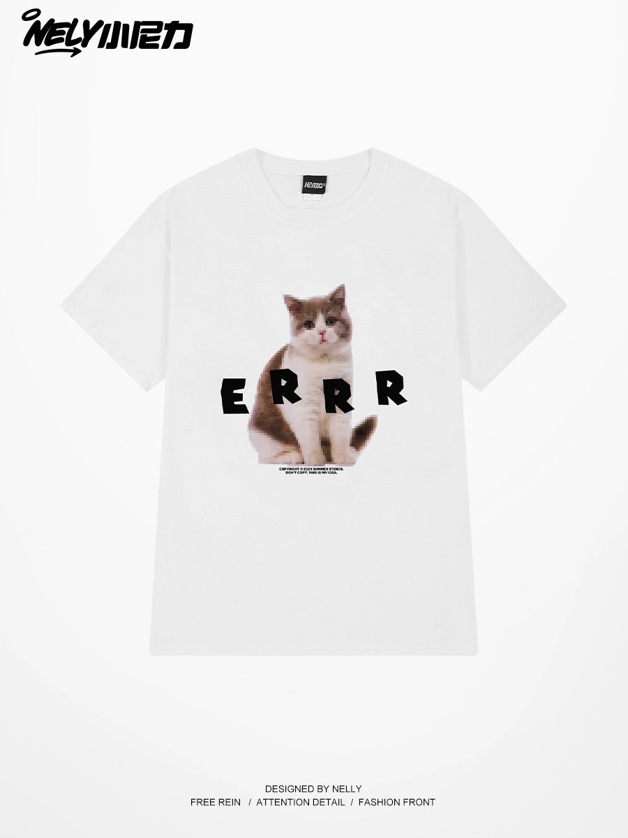 nely small nely pure cotton cat print round neck loose short-sleeved T-shirt men and women 2024 casual niche ins top