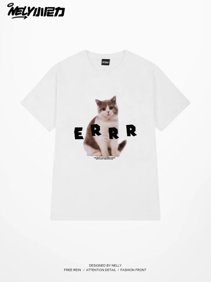 nely small nely pure cotton cat print round neck loose short-sleeved T-shirt men and women 2024 casual niche ins top