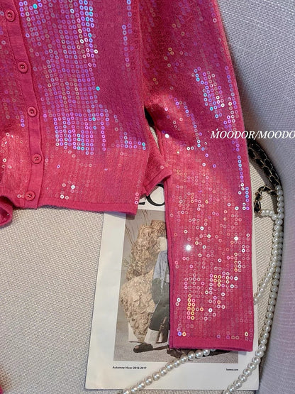 Red small fragrant sequined jacket short female autumn 2023 new high-end sense super good-looking explosive long-sleeved top