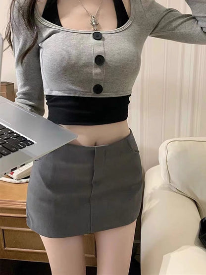 European and American hot girl style low waist design sense summer bag hip skirt sexy wild gray skirt anti-light miniskirt