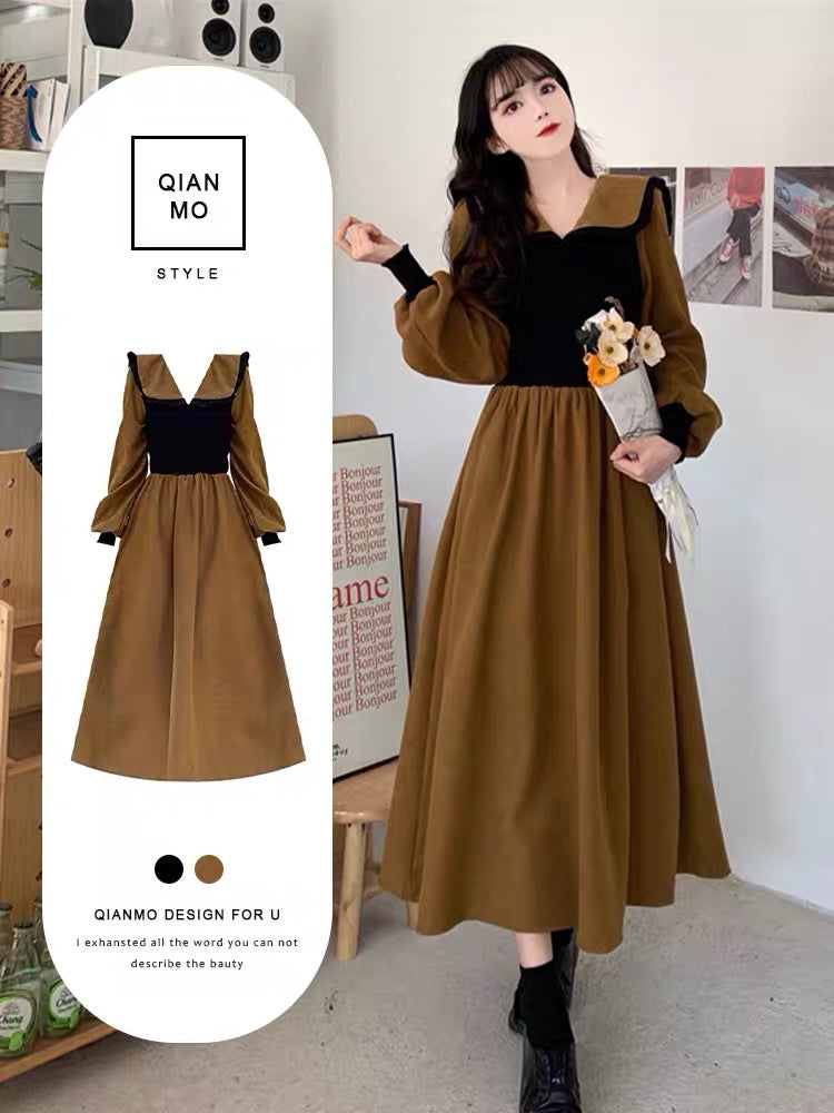 Large size French platycodon long skirt 2023 autumn new style high-end slimming and beautiful waist slimming dress (D0977)