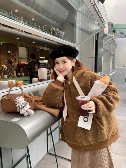 DbyDoi autumn and winter grain velvet jacket women's new thickened hooded sweatshirt top retro warm Maillard outfit