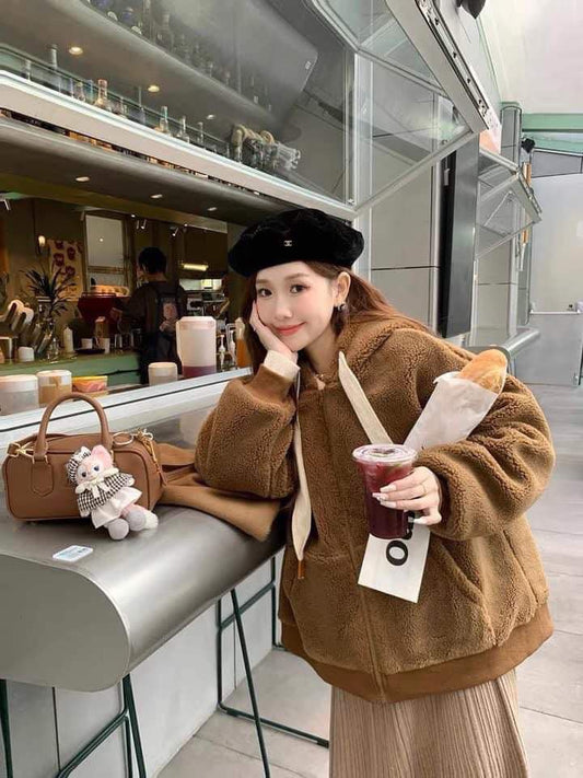 DbyDoi autumn and winter grain velvet jacket women's new thickened hooded sweatshirt top retro warm Maillard outfit