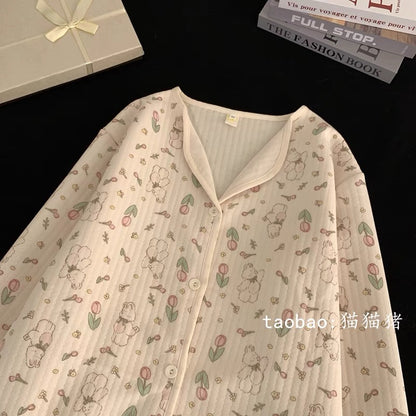 Tulip Rabbit Air Cotton Pajamas Women's Pure Cotton Winter Thickened Warm Long Sleeve Suit Loose Spring and Autumn Home Clothing