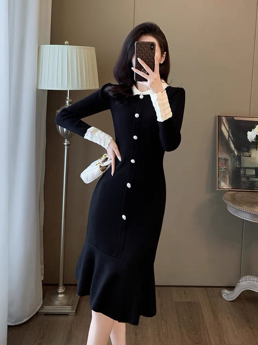 Celebrity Xiaoxiangfeng Knitted Dress 2023 New Elegant Temperament Showing Figure-Breaking Hip Skirt Slim Hem D5590