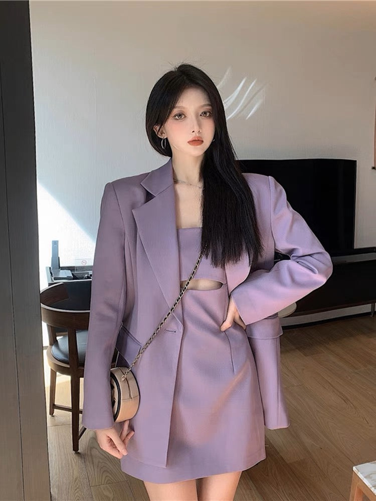 Pure desire style taro purple suit jacket autumn mature style sexy suspender dress women's two-piece suit