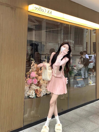 Autumn wear a complete set of pink milk sweater cardigan pleated skirt suit female niche gentle temperament two-piece set
