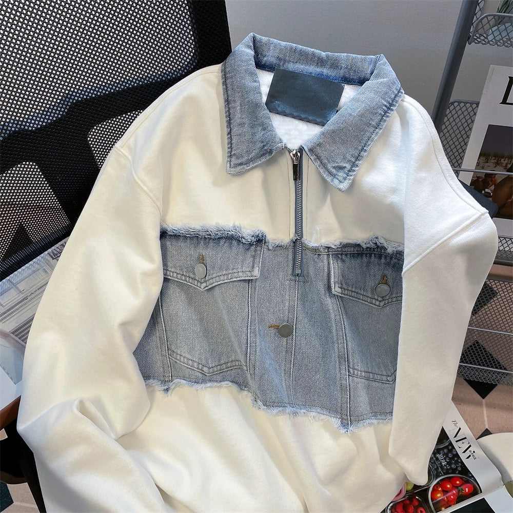 European and American high street retro denim splicing polo collar sweatshirt men and women spring and autumn loose national trend half zip workwear jacket