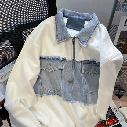 European and American high street retro denim splicing polo collar sweatshirt men and women spring and autumn loose national trend half zip workwear jacket
