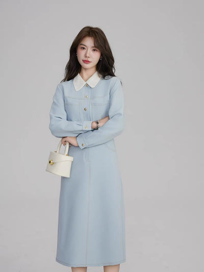 Volstagg blue French style dress women's autumn high-end long-sleeved waist long skirt comes with belt