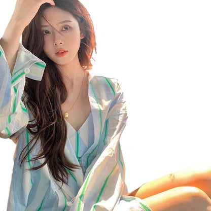 Korean style contrast striped Polo collar sun protection long-sleeved shirt women's summer new style loose outer wear lazy fashionable top