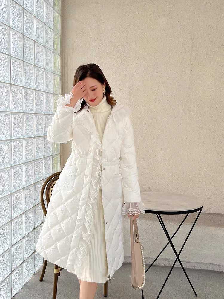 Nori's gentle and super fairy French lace ruffled silver silk cotton coat waist hooded down cotton coat mid-length