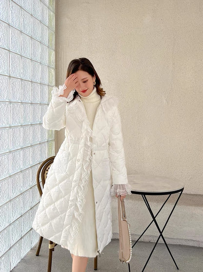 Nori's gentle and super fairy French lace ruffled silver silk cotton coat waist hooded down cotton coat mid-length