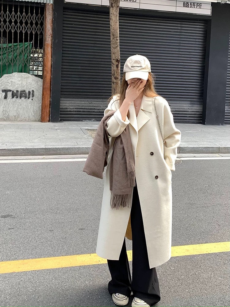 Wu 77 temperament and high-end double-sided woolen long coat for women autumn and winter Korean style loose and slim double-breasted woolen coat