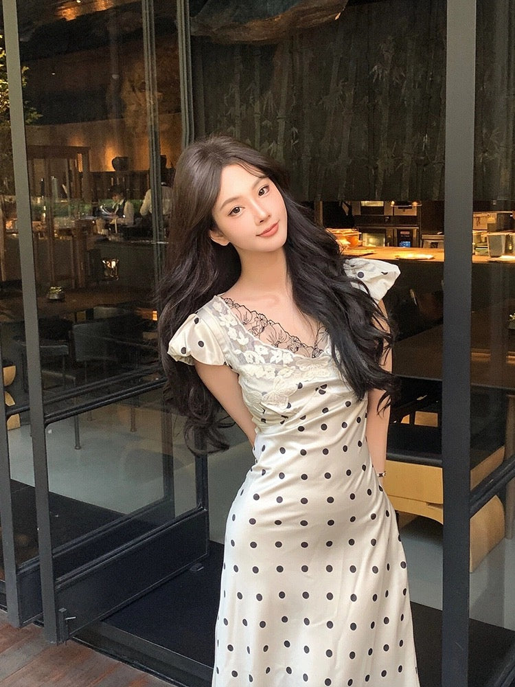 STRIVE/Yumiko fat mm French design polka dot dress women's spring and summer retro pure lust satin long skirt