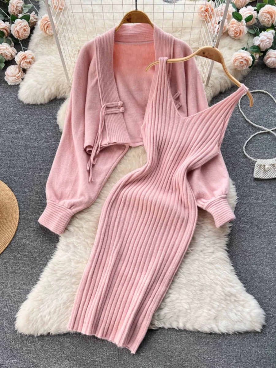 Autumn and winter elegant lady knitted suit women's short sweater shawl jacket + suspender dress two-piece set