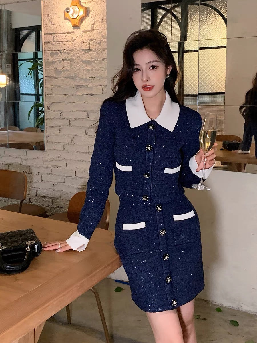 Very heavy duty ~ French style small fragrance contrasting sequined knitted jacket skirt suit women's new autumn and winter 2023 clothing S190