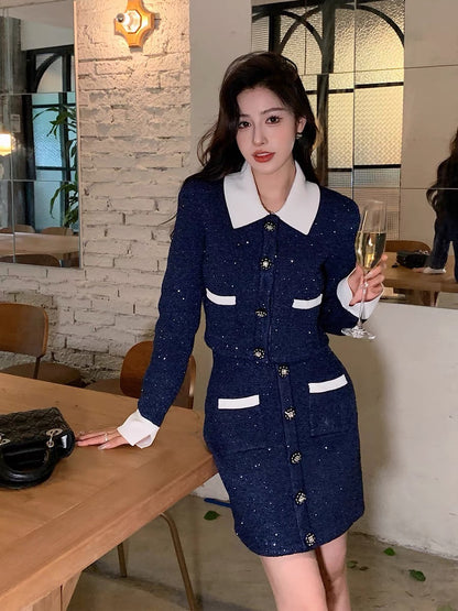 Very heavy duty ~ French style small fragrance contrasting sequined knitted jacket skirt suit women's new autumn and winter 2023 clothing S190